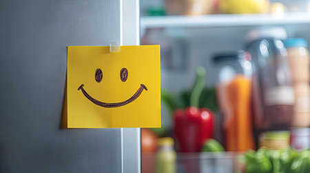 Yellow sticky note with a smiley face on a fridge door, groceries and meal prep items in the backgroundの素材