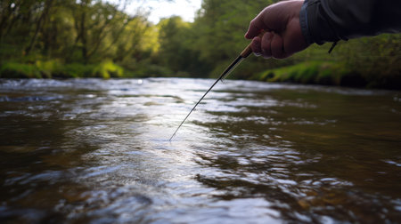 A close-up of a hand gripping a fishing rod with a calm river flowing in the backgroundの素材