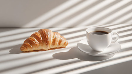 A fresh croissant and a white coffee cup, placed on a clean background with dramatic shadow patternsの素材