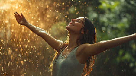 Young woman standing in heavy rain, holding her arms out as she lets herself get soaked, looking joyful and freeの素材