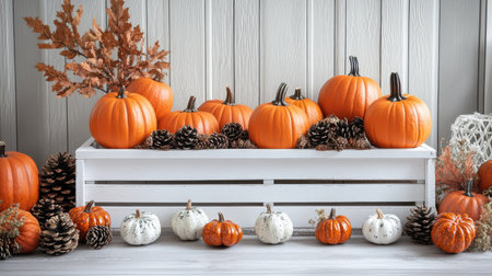 A festive fall setup featuring bright orange pumpkins on a white crate, surrounded by mini gourds and pineconesの素材