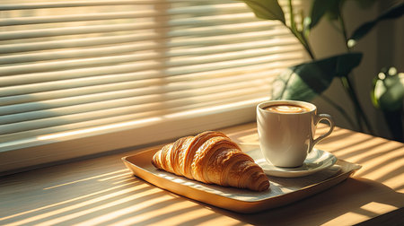 A cozy breakfast setting with a coffee cup and croissant on a tray, with dappled sunlight filtering through blindsの素材