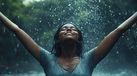 Young woman standing in heavy rain, holding her arms out as she lets herself get soaked, looking joyful and freeの素材