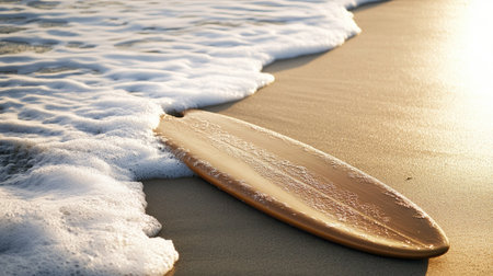 Surfboards lying flat on the sandy beach, sea foam washing close to them. Calm, early morning lightの素材