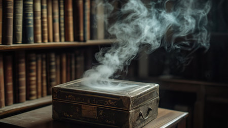 An old, dusty box on a bookshelf, emitting mysterious smoke into a library settingの素材