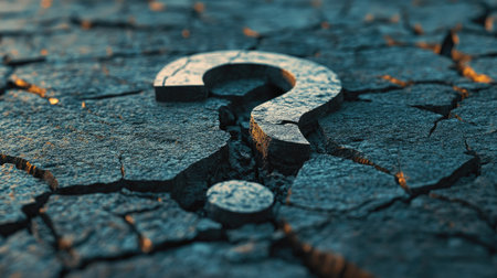 A D question mark emerging from a cracked surface, symbolizing curiosity and challengeの素材
