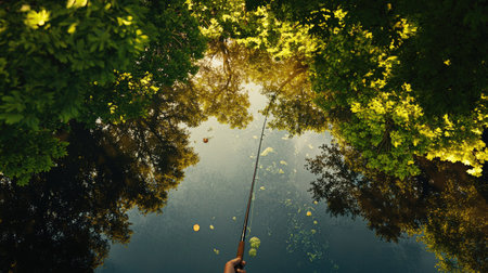 A fishing rod held by a hand over a river reflecting the green canopy of trees aboveの素材