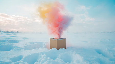 A box surrounded by snow, releasing warm, colorful smoke in a frozen wildernessの素材