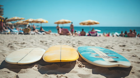 Surfboards lying in the sand with beach umbrellas and sunbathers in the background. Busy, lively beach atmosphereの素材