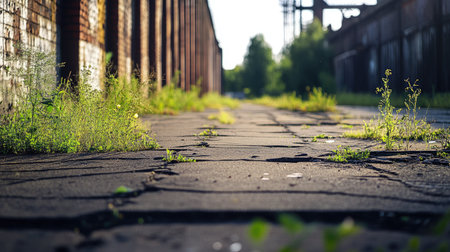 A deserted rural lane outside an abandoned industrial building, with weeds growing through cracks in the pavement.の素材