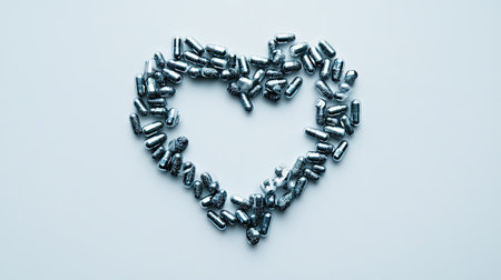 A creative shot of omega- capsules forming the shape of a heart on a white surface, symbolizing heart healthの素材