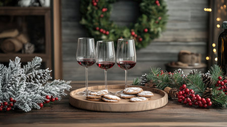 A cozy Christmas setup with wine glasses on a wooden tray, next to cookies and a holiday wreathの素材