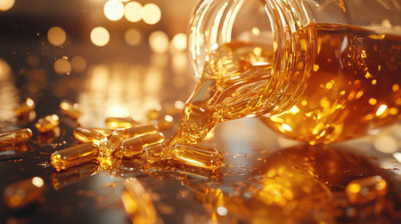 A close-up of an open capsule spilling golden oil onto a glass surface, creating a dramatic effectの素材