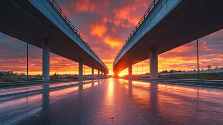 A deserted highway stretching into the distance, passing under an overpass with a vivid sunset reflecting off its surfaces.の素材