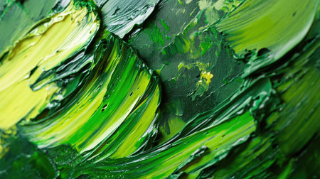 A close-up of a paint brush tip, covered with bold green paint and mid-stroke on canvasの素材