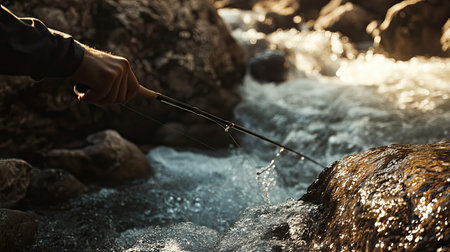 A hand holding a fishing rod over a rushing river, with boulders and rapids visible belowの素材