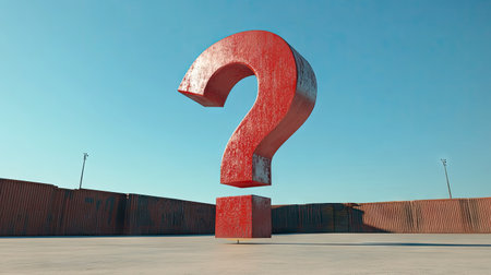 A giant D question mark statue standing in an empty plaza with a clear blue skyの素材