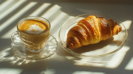 A golden croissant and a cappuccino in a clear glass mug, with windowpane shadows creating an elegant effectの素材