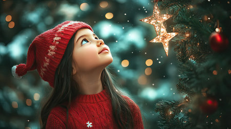 A girl in a red sweater and Christmas hat, gazing up at a star-topped Christmas tree with a look of wonderの素材
