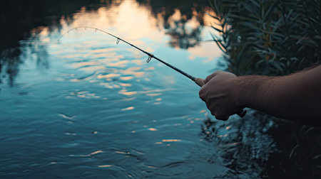 A hand holding a fishing rod, with the line extended over calm, reflective river watersの素材