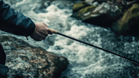 A hand clutching a fishing rod while standing on a rocky outcrop by a flowing riverの素材