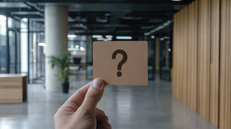 A hand holding a question mark card against a blurred office background, symbolizing inquiryの素材