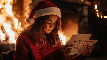 A girl wearing a red knitted pullover and Santa hat, holding a handwritten holiday card by a roaring fireの素材