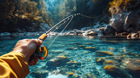 A hand holding a fishing rod with a colorful lure above a crystal-clear river streamの素材