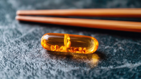 A fish oil capsule resting between a pair of chopsticks, symbolizing health and dietary choicesの素材
