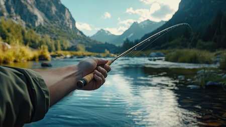 A hand extending a fishing rod towards the river, with mountains in the backgroundの素材