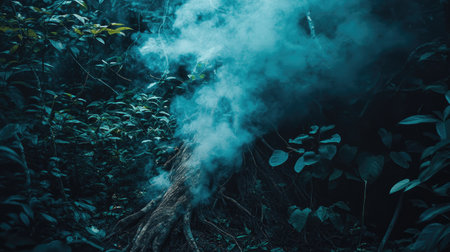 A mystical trunk covered in vines, releasing ethereal smoke into a dense jungleの素材