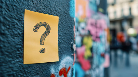 A hand-drawn question mark on a sticky note stuck to a wall with motivational quotesの素材