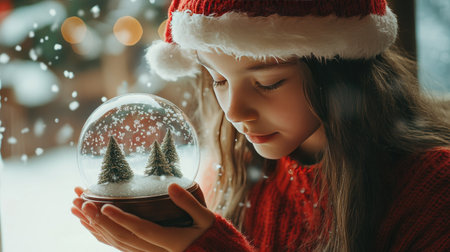 A girl in a red knitted pullover and Santa hat, holding a snow globe and gazing at it with wonderの素材