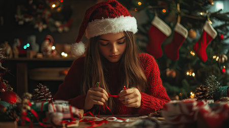 A girl in a red knitted pullover and Santa hat, surrounded by holiday crafts and ribbons while making decorationsの素材
