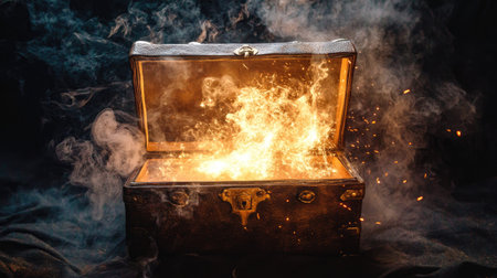 A leather-bound chest opening with a dramatic burst of light and cascading smokeの素材