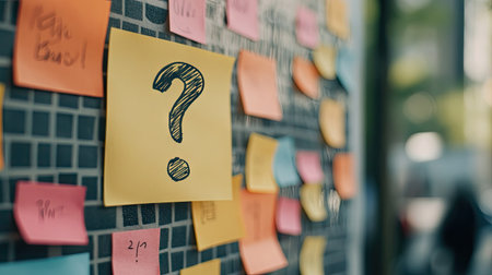 A hand-drawn question mark on a sticky note stuck to a wall with motivational quotesの素材