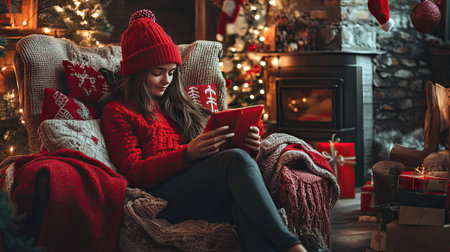 A girl in a red sweater and festive hat, sitting in a cozy chair, surrounded by holiday-themed pillows and throwsの素材