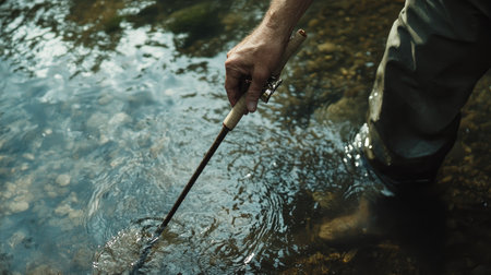 A hand tightly clutching a fishing rod while standing knee-deep in a shallow riverの素材