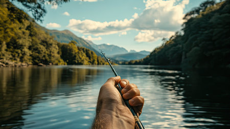 A hand resting on a fishing rod handle with a scenic river and distant mountains in viewの素材