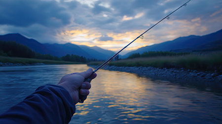 A hand extending a fishing rod towards the river, with mountains in the backgroundの素材
