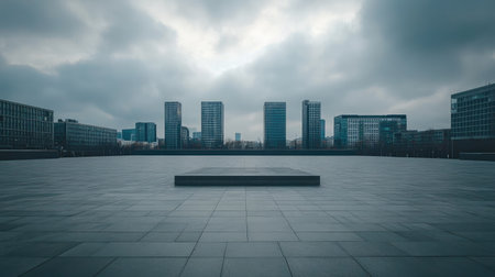 A high-resolution shot of an empty square at the foot of a stunning skyline of modern skyscrapersの素材