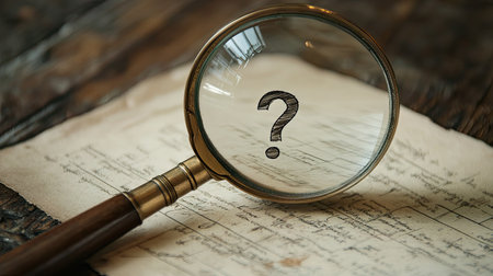 A magnifying glass focusing on a question mark printed on a sheet of paperの素材