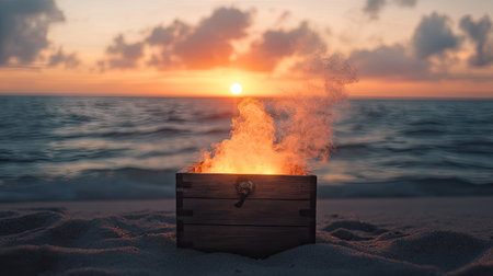 A mysterious wooden box on a beach, its lid releasing glowing smoke against the sunsetの素材
