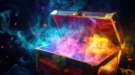 A glowing treasure chest, its open lid releasing mysterious swirling smoke in vibrant colorsの素材