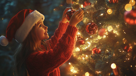 A girl in a red knitted pullover and Santa hat, hanging ornaments on a beautifully lit Christmas treeの素材