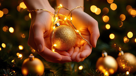 A glowing string of Christmas lights being draped across both hands, with golden holiday ornaments nearbyの素材