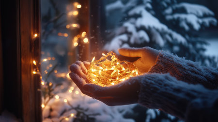 A glowing string of Christmas lights resting in cupped hands, with a frosty window and snow-covered trees visibleの素材