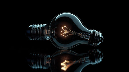 A lightbulb and a question mark side by side on a reflective surface, representing ideas and curiosityの素材