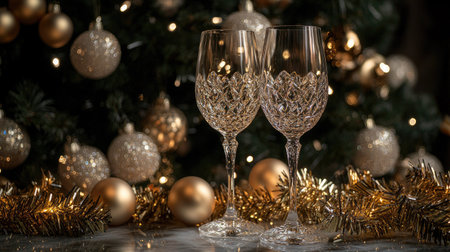 A pair of wine glasses beside a glowing Christmas tree, with golden baubles and tinsel in the backgroundの素材