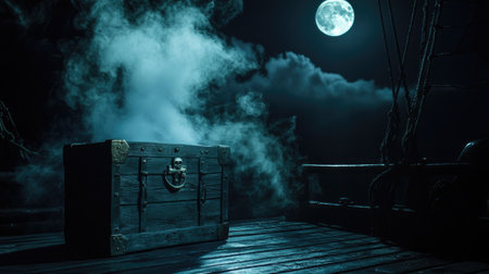 A pirate chest on a ship deck, with swirling smoke escaping into the moonlit nightの素材